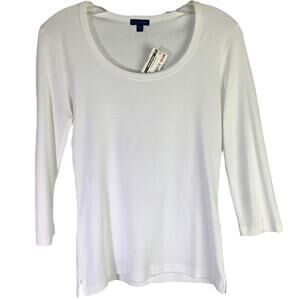 Lilla P Top Womens S Boho White Cotton 3/4 Sleeve Scoop Neck Pullover Tee‎ NWT